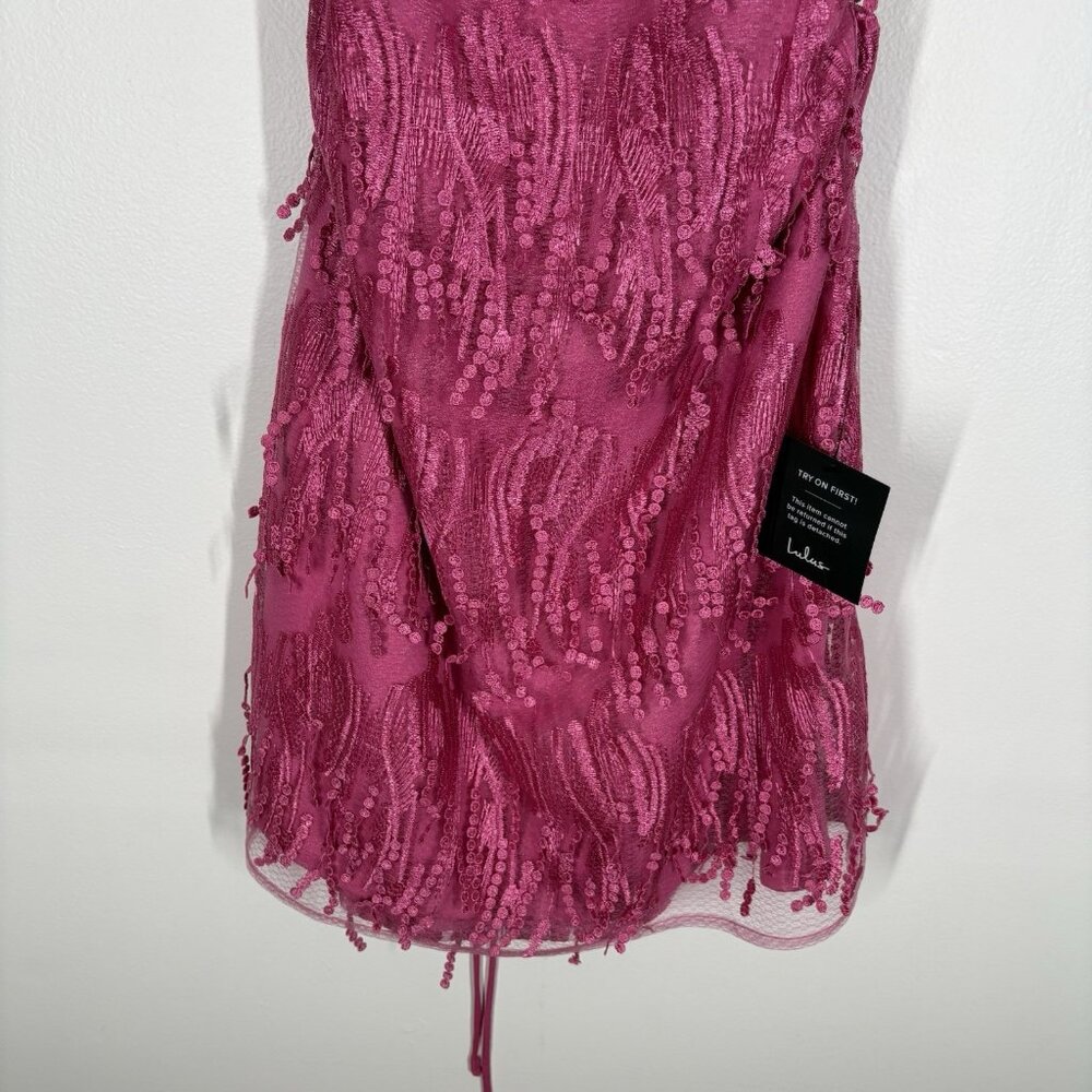 Lulus Women XL Making Magic Bright Pink Fringe Lace-Up Mini Dress NWT - Picture 4 of 14